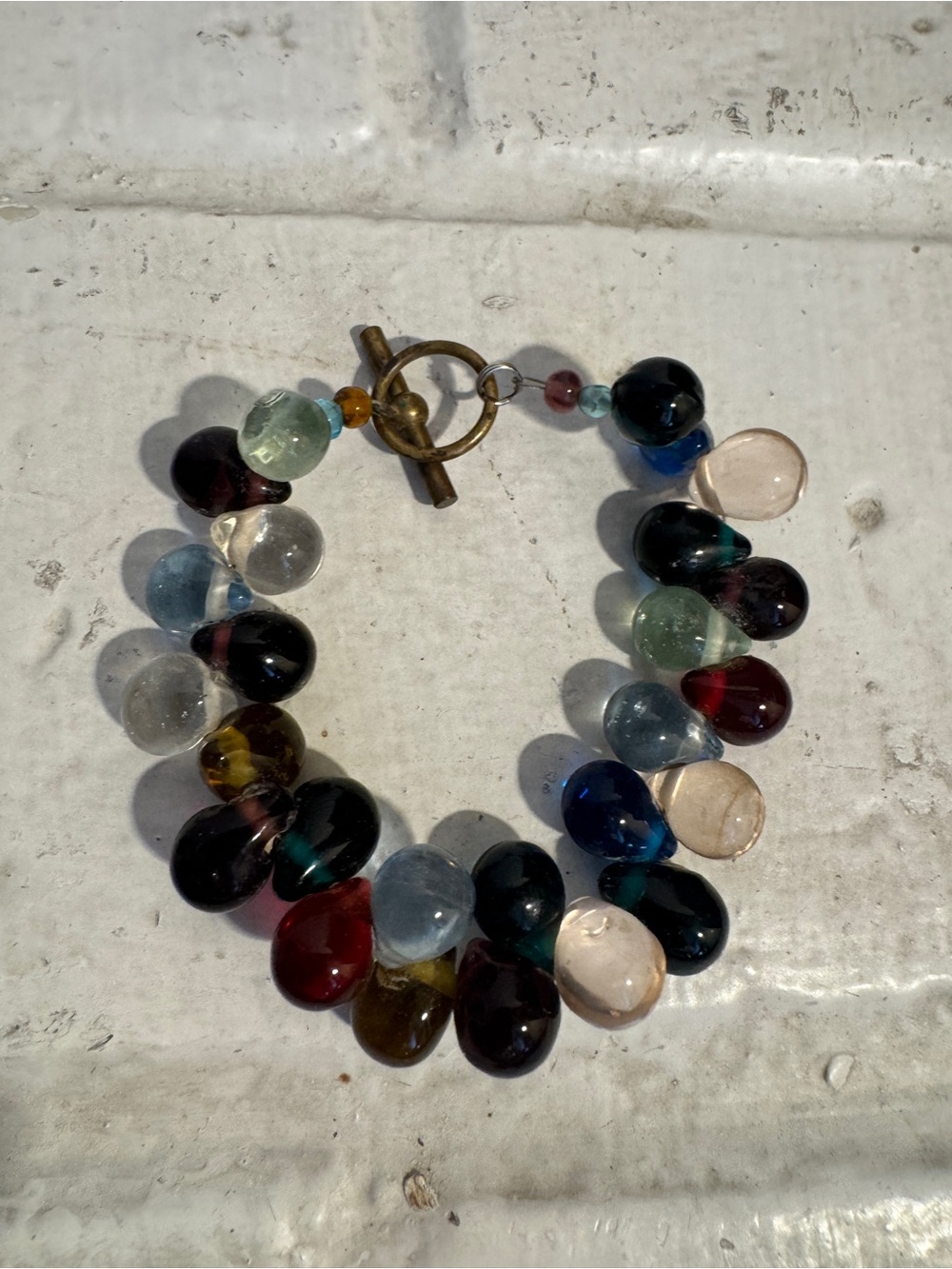 Vintage Artisan Glass Teardrop Cluster Bracelet Multicolor Boho Bead Toggle 7.5”